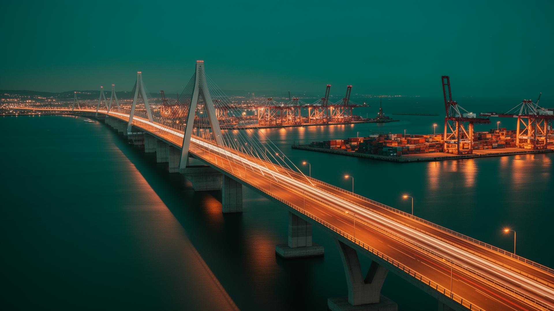 Bridge over harbor at night